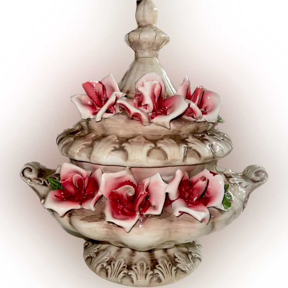 Genuine Capodimonte Porcelain Large Flower Tureen With Lid Made in Italy